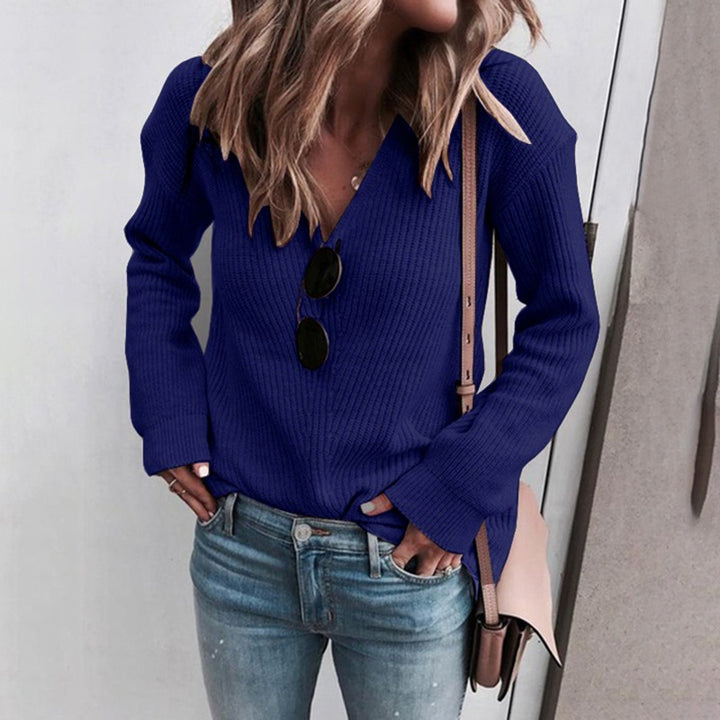 Damen V-Ausschnitt Strickpullover mit weichem Rippenmuster Drune