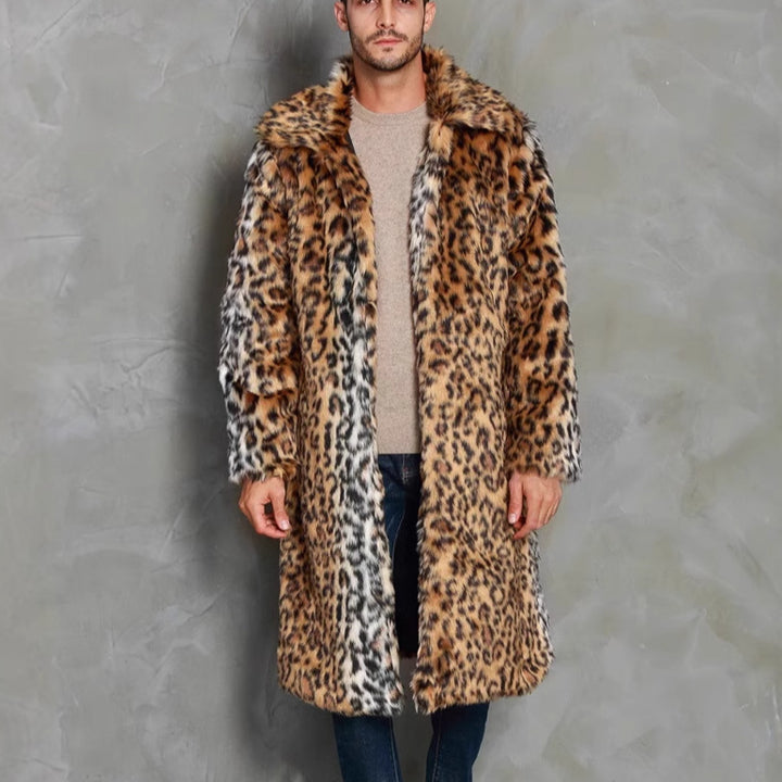 Herren Eleganter Kunstfellmantel mit Leopardenmuster und breitem Kragen Drune