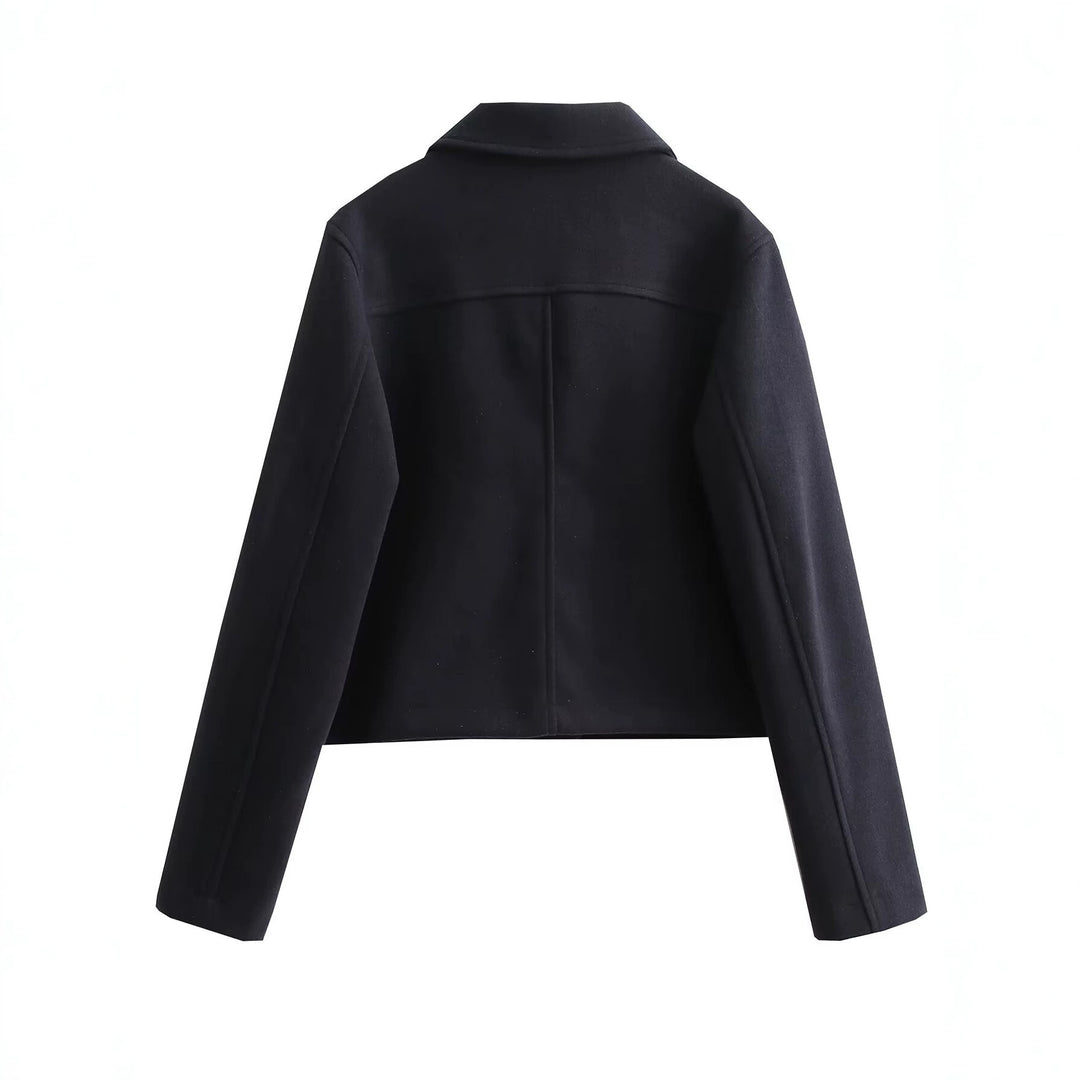 Damen Kurze Boxy-Wollmix-Jacke mit aufgesetzten Pattentaschen und goldfarbenen Zierknöpfen Drune