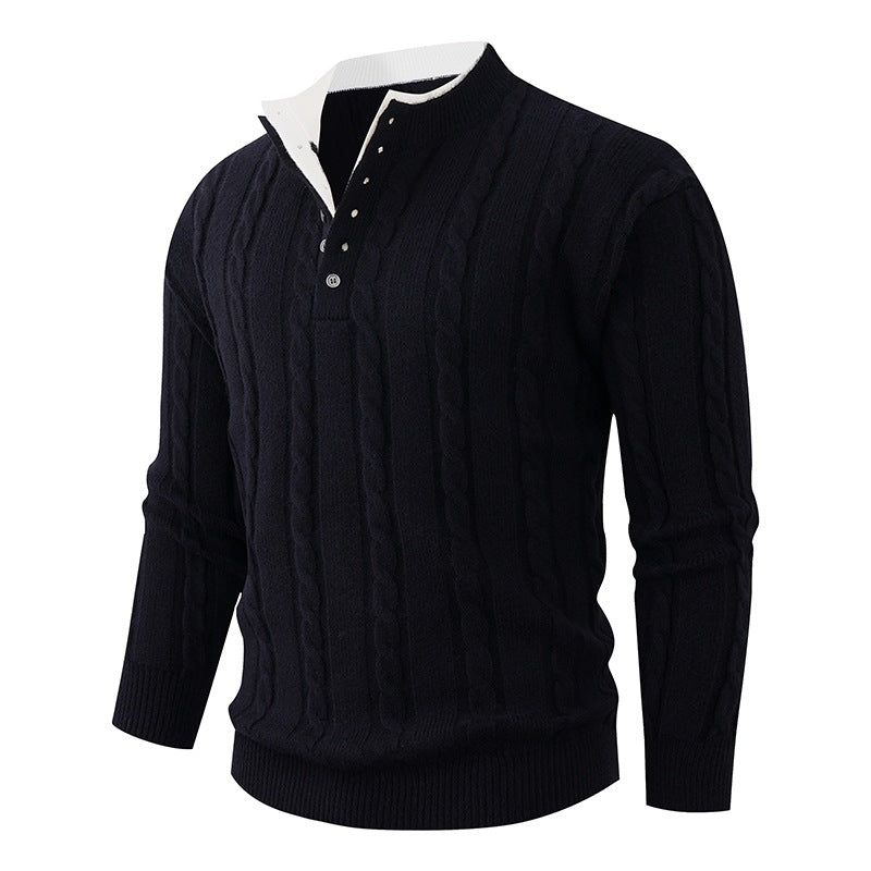 Herren Strukturierter Zopfstrick-Pullover mit Knopfleiste und Stehkragen Drune