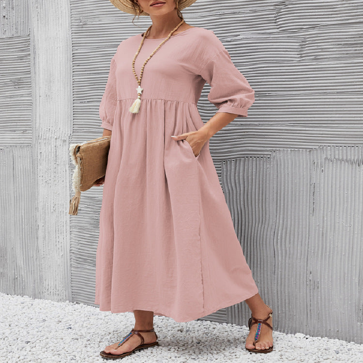 Damen Maxikleid mit eleganter Taillierung und voluminösen Ärmeln Drune