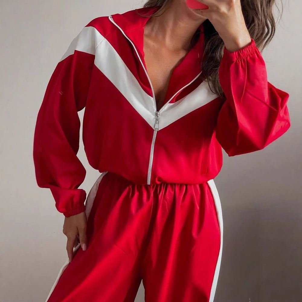 Damen tailliertes Zip-Trainingsset mit Chevron-Einsatz, Kordelzugsaum und hochgeschnittener Jogginghose Drune
