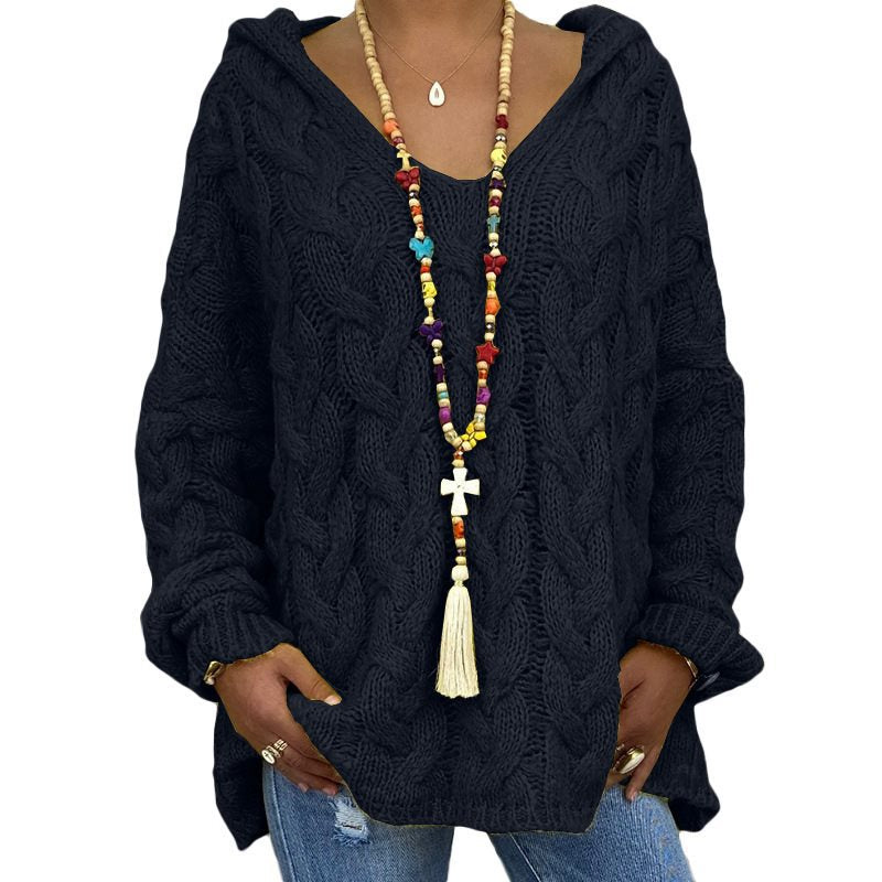 Damen Oversized Zopfmuster-Strickpullover mit Kapuze und lässigem V‑Ausschnitt Drune