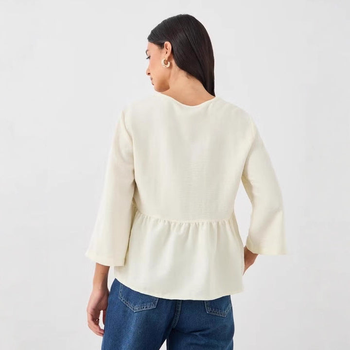 Damen Lockeres V‑Ausschnitt Blusentop mit Stickdetail und Empire‑Raffung Drune