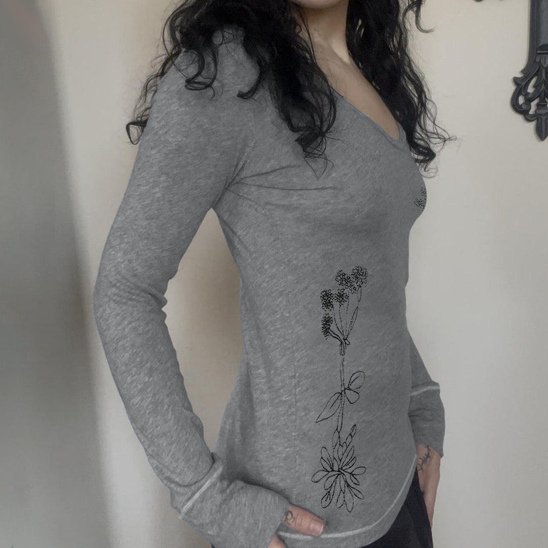Damen Langärmeliges V-Ausschnitt-Shirt mit feiner Blumenstickerei Drune