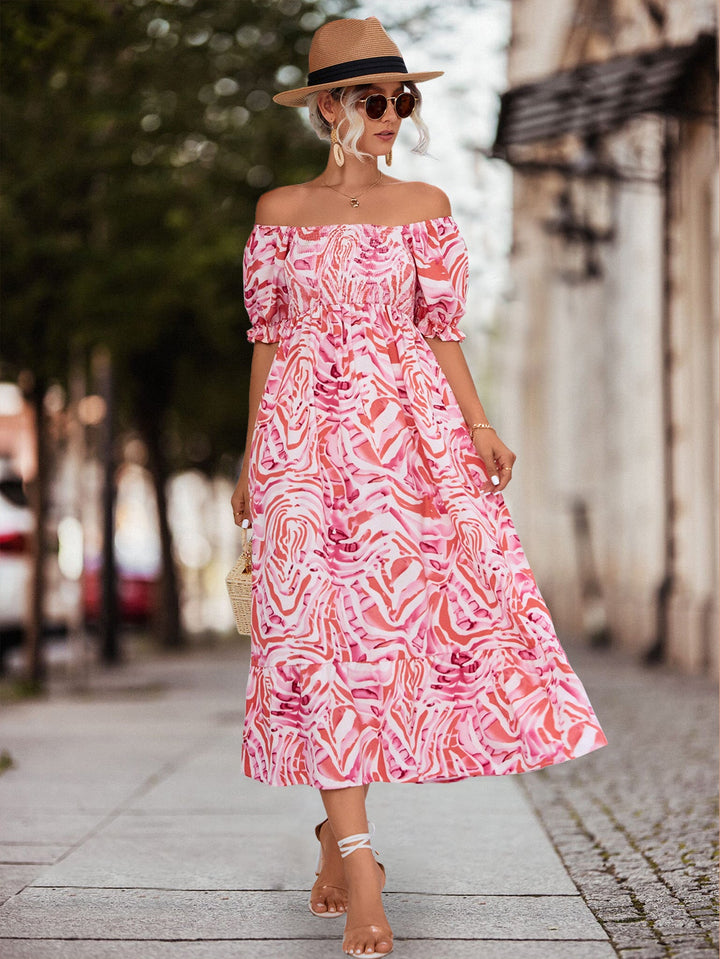 Damen Off-Shoulder Maxikleid mit floralen Akzenten und elastischer Taillierung Drune