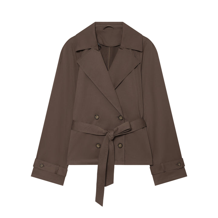 Damen kurzer taillierter Trench‑Blouson mit Bindegürtel, doppelreihiger Knopfleiste und weitem Revers Drune