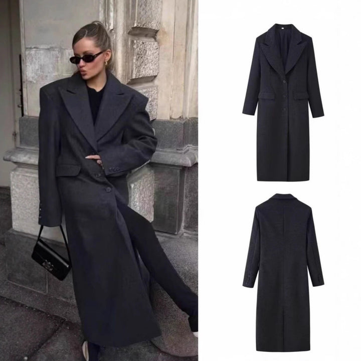 Damen Longline Wollmix-Mantel mit markantem Revers, taillierten Abnähern und Pattentaschen Drune