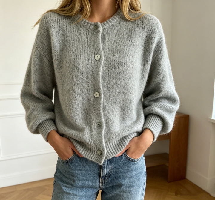 Damen Kuschelige Mohair-Optik Strickjacke mit Rundhals und Ballonärmeln Drune