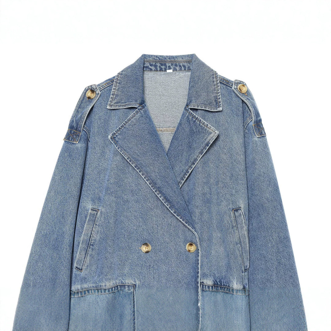 Damen kurze Double-Breasted Jeansjacke mit Überschlagkragen, Schulterklappen und gesmoktem Saum Drune