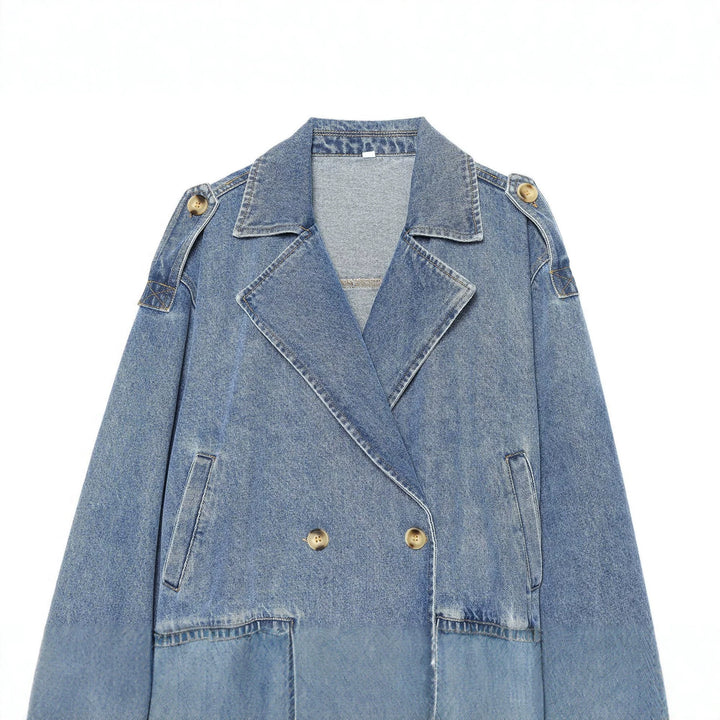 Damen kurze Double-Breasted Jeansjacke mit Überschlagkragen, Schulterklappen und gesmoktem Saum Drune
