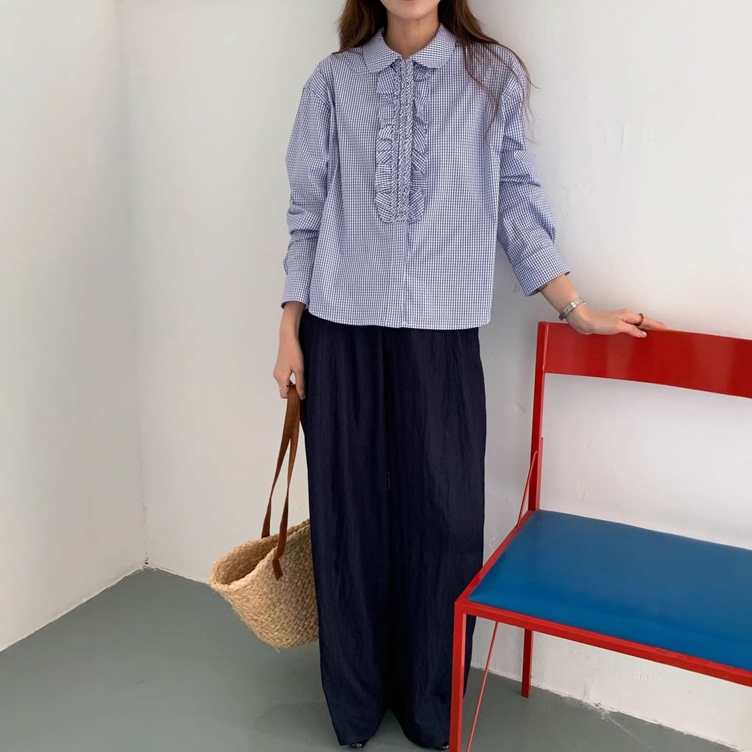 Damen Karierte Bluse mit Rüschendetails Drune