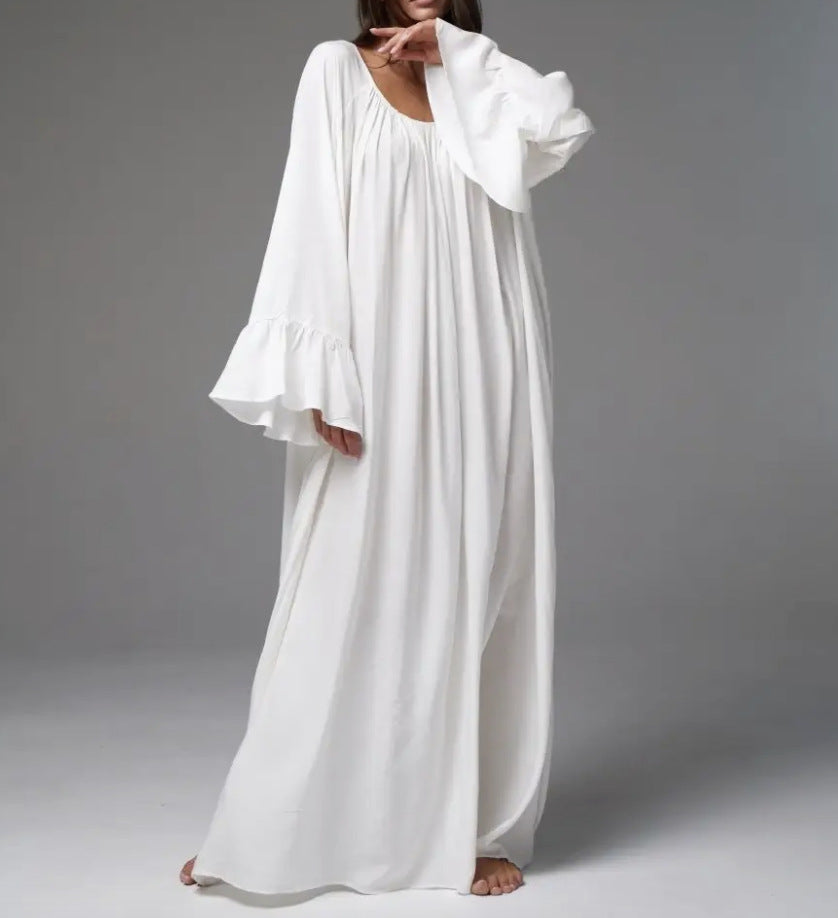 Damen Elegantes Maxi-Nachtkleid mit weiten Rüschensäumen und fließendem Schnitt Drune