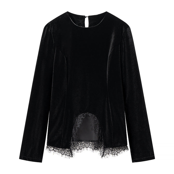 Damen Samtshirt mit asymmetrischem Spitzen-Saum und Schlitzdetail Drune