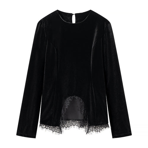 Damen Samtshirt mit asymmetrischem Spitzen-Saum und Schlitzdetail Drune