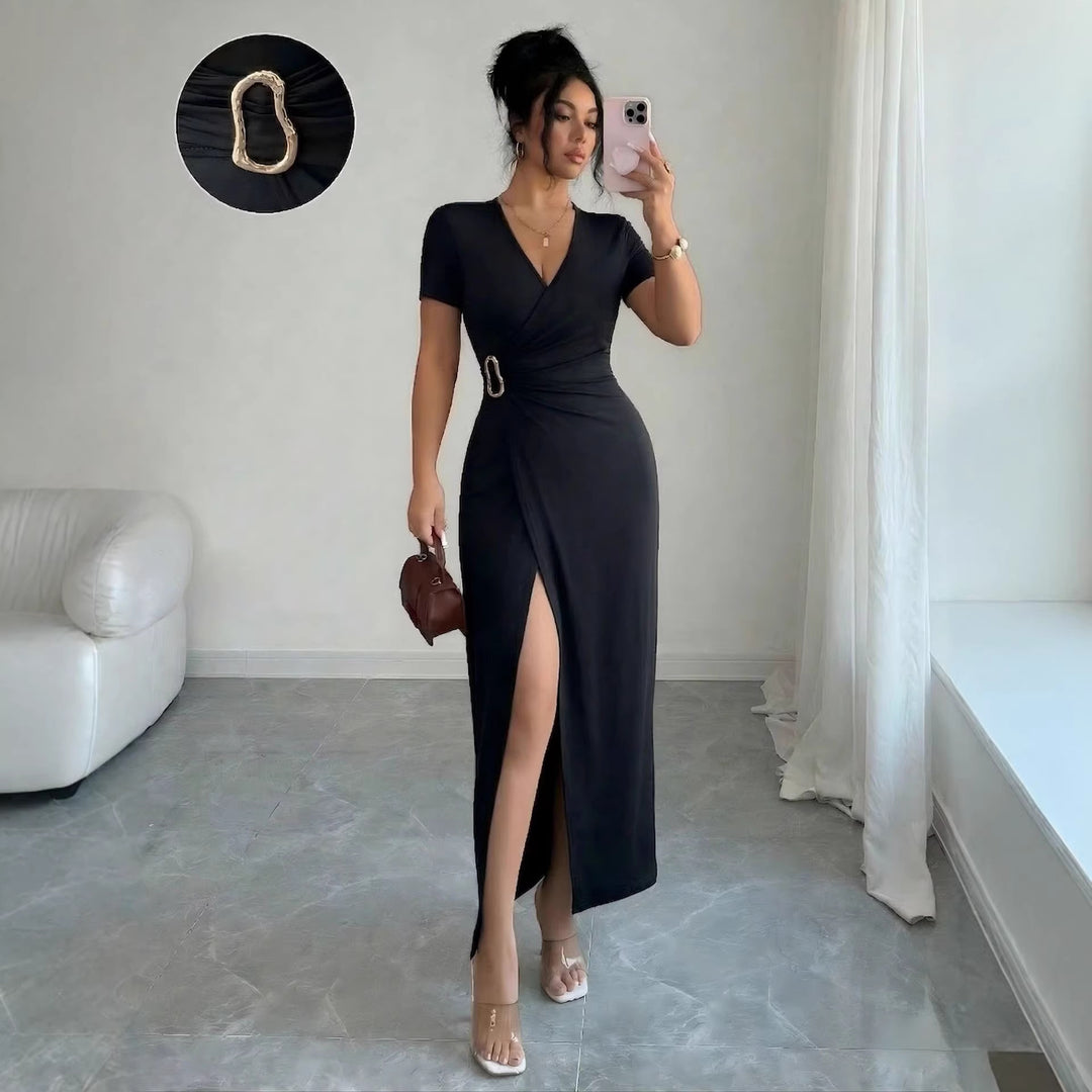 Damen nan figurbetontes Wickel-Midikleid mit V-Ausschnitt, Taillenring und hohem Beinschlitz Drune