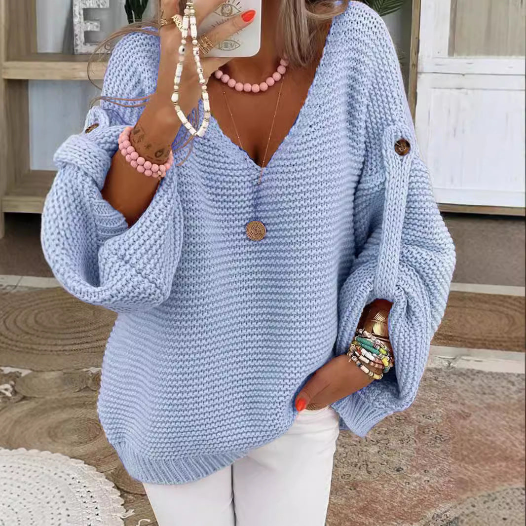 Damen weiter Strickpullover mit V-Ausschnitt, Ballonärmeln und Knopfdetail Drune