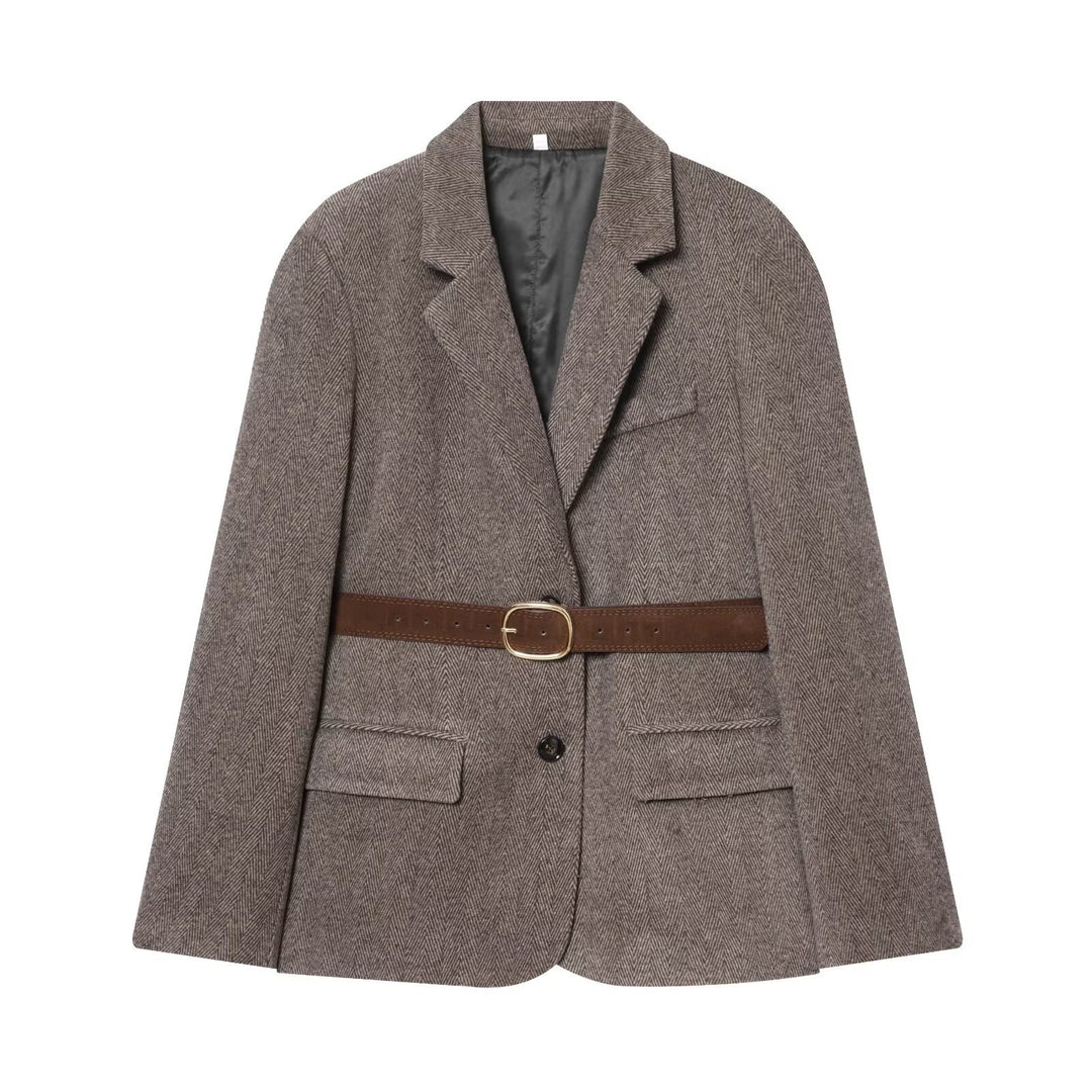 Damen Taillierter Herringbone-Blazer‑Mantel mit Bindegürtel Drune