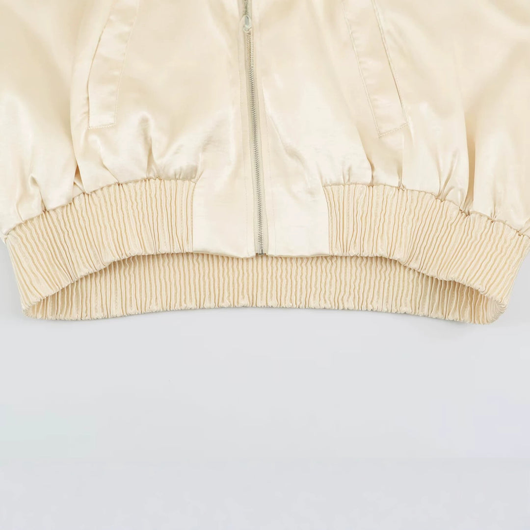 Damen Seidiger Cropped Bomber mit gerafftem Saum, Raglanärmeln und Eingrifftaschen Drune