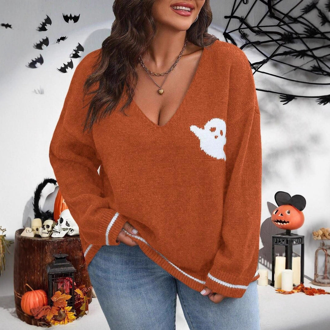 Damen Strickpullover mit Ghost-Motiv und V-Ausschnitt Drune