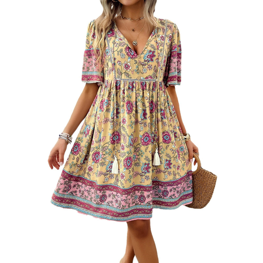 Damen Retro-Chic Kleid mit Blumenmuster und fließendem Rock Drune
