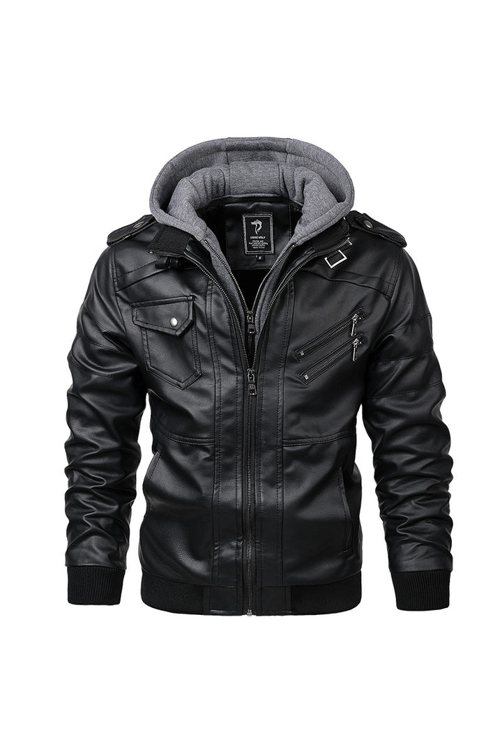 Herren Kunstleder-Bomberjacke mit Kapuze Fleece-Innenfutter und Multifachtaschen Drune