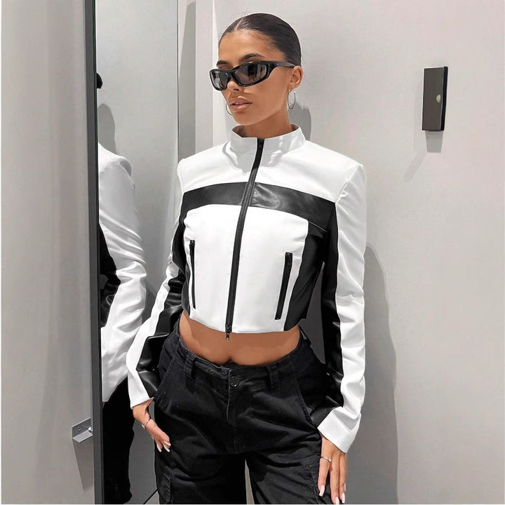 Damen Sportliche cropped Jacke aus Kunstleder mit Kontrastdetails Drune