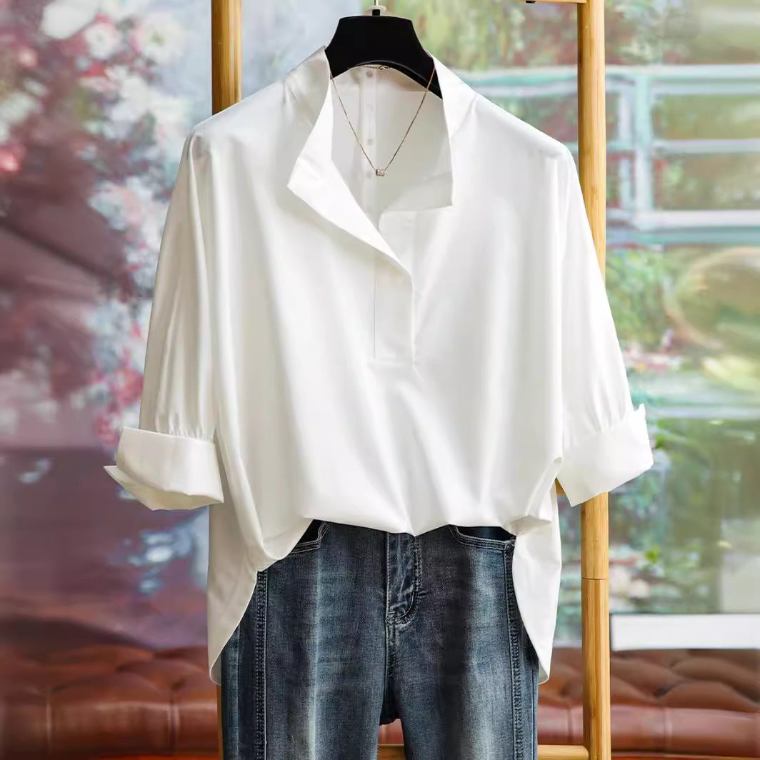 Damen Elegante und fließende Bluse mit Stehkragen Drune