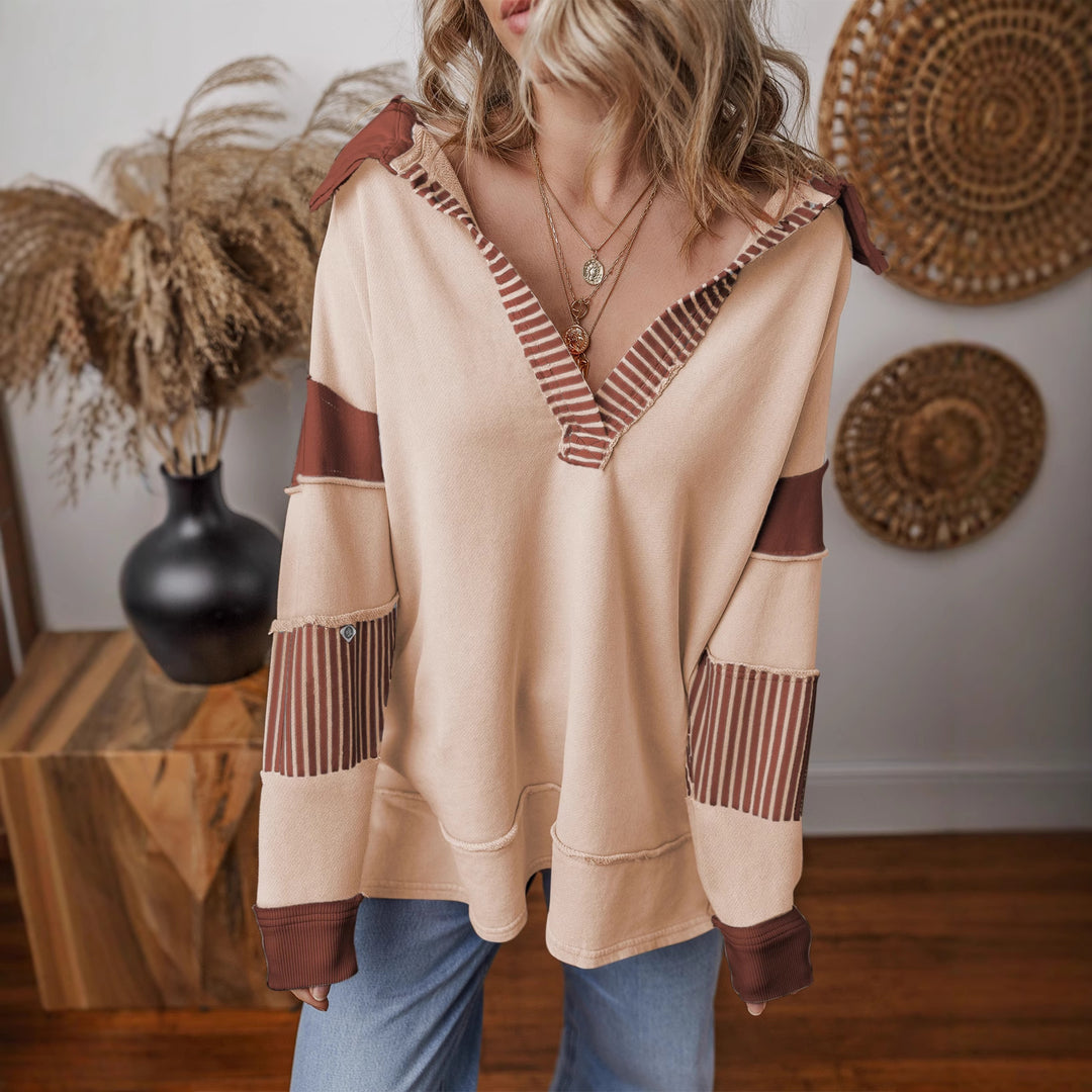 Damen Oversize Sweatshirt mit V-Ausschnitt, gestreiften Ärmelaufsätzen und Kontrastdetails Drune