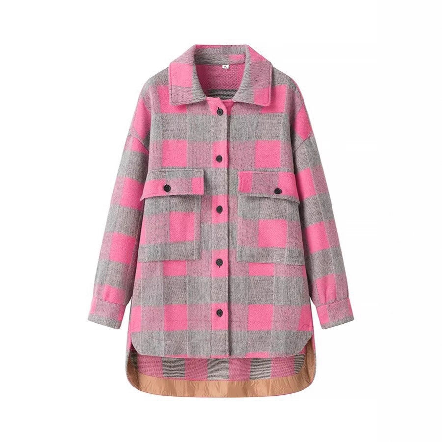 Damen Oversized Hemdjacke im Karo mit großen Pattentaschen und gerundetem Saum Drune