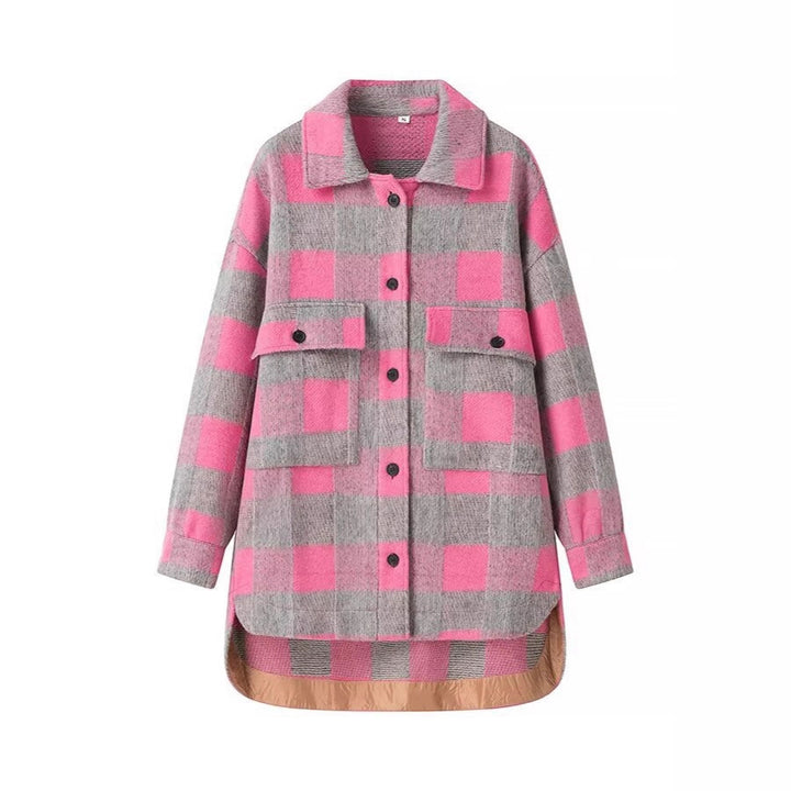 Damen Oversized Hemdjacke im Karo mit großen Pattentaschen und gerundetem Saum Drune
