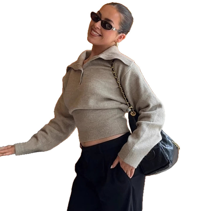Damen Kurzgeschnittener Feinstrickpullover mit Polokragen und breitem Rippbund Drune