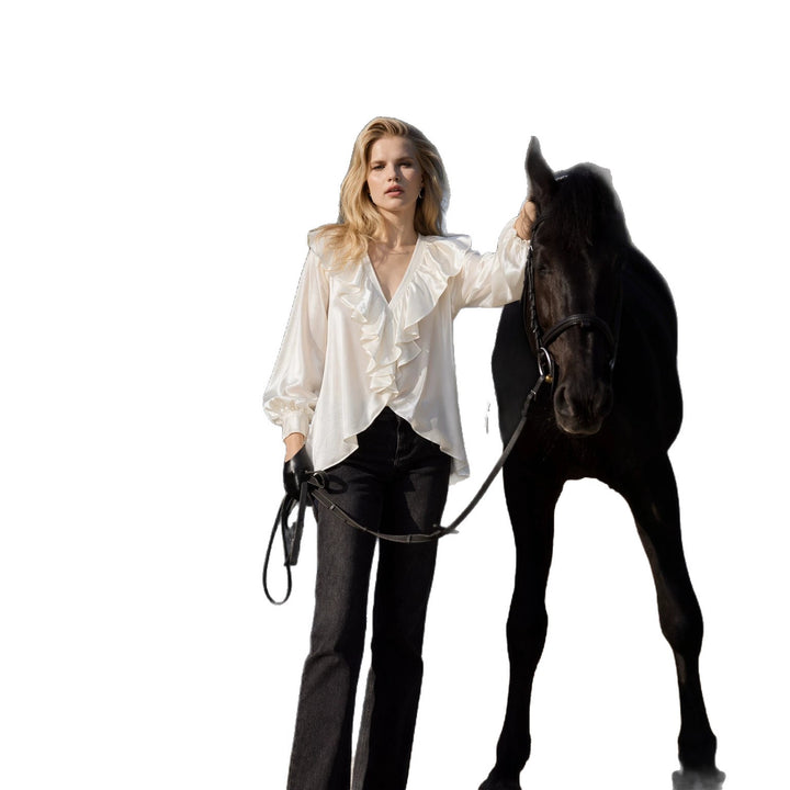 Damen schimmernde V-Neck Rüschenbluse mit Ballonärmeln und elastischen Bündchen Drune