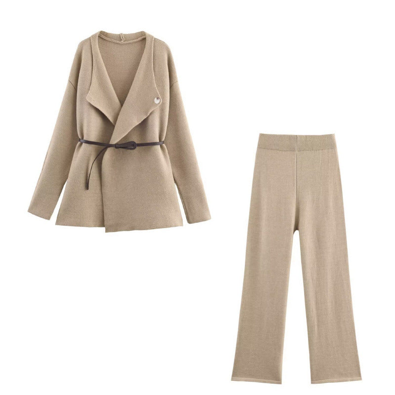 Damen elegantes Strickset mit tailliertem Blazer und weitem Hosenbein Drune