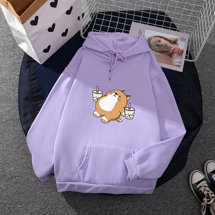 Damen nan niedlicher Kapuzenpullover mit Kängurutasche, oversized Schnitt und Bubble‑Tea Corgi-Print Drune