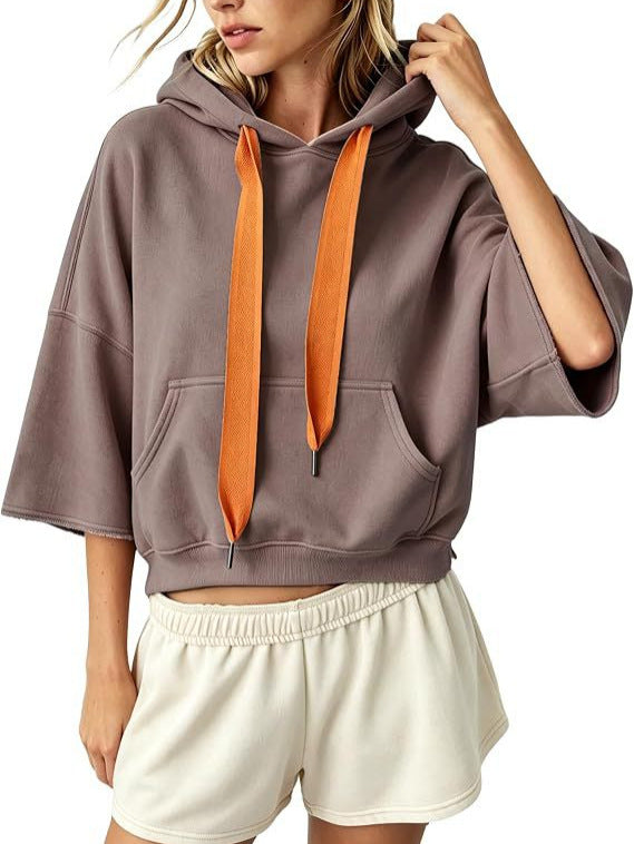 Damen Cropped Kapuzenpullover mit 3/4-Ärmeln und Kängurutasche Drune