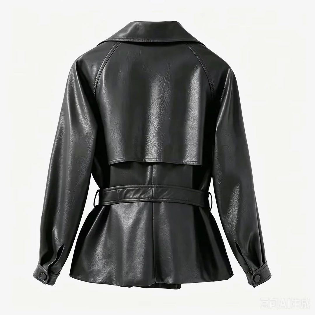 Damen nan taillierter Trenchcoat aus veganem Lederimitat mit weitem Revers und Bindegürtel Drune