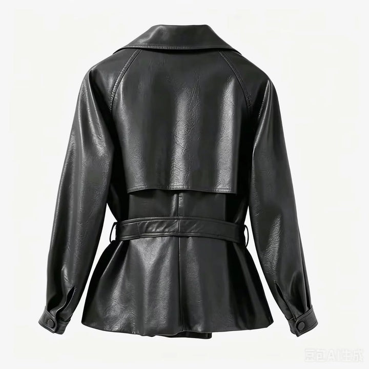 Damen nan taillierter Trenchcoat aus veganem Lederimitat mit weitem Revers und Bindegürtel Drune