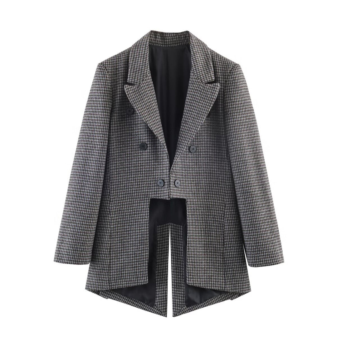 Damen Zweireihiger Hahnentritt-Blazer mit offenem Schlitz-Saum und taillierter Silhouette Drune