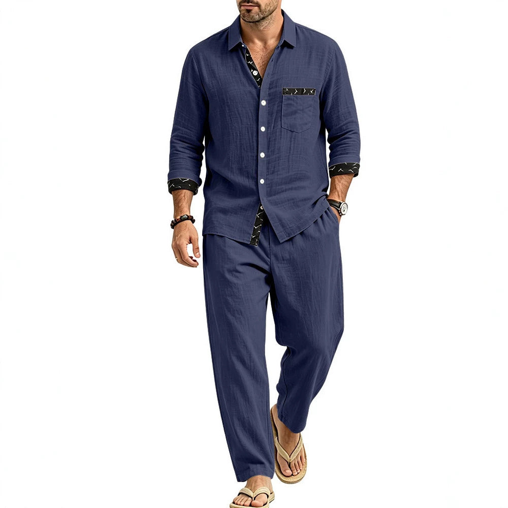 Herren Leichtes Leinenoptik Freizeit-Set mit Hemd und Relax-Hose Drune