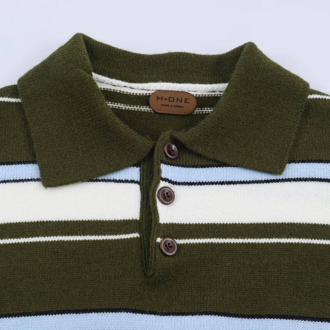 Damen Gestreifter Polokragen-Pullover mit Knopfleiste und Rippbündchen Drune