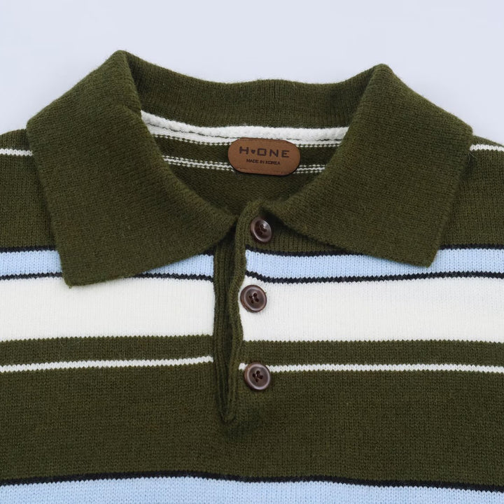Damen Gestreifter Polokragen-Pullover mit Knopfleiste und Rippbündchen Drune