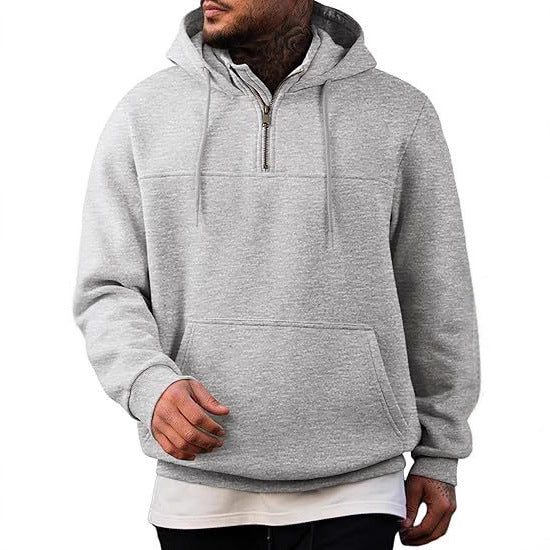 Herren Kapuzenpullover mit halbem Reißverschluss, Kängurutasche und gerippten Bündchen Drune