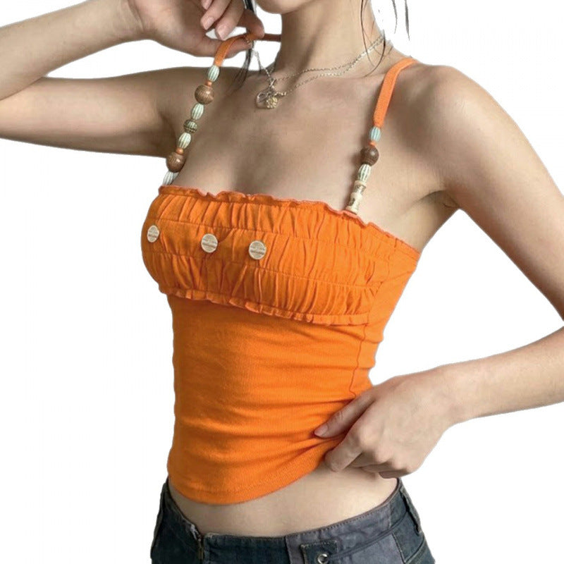 Damen Spitzen-Crop-Top mit dekorativem Rüschen und Knopfdetails Drune