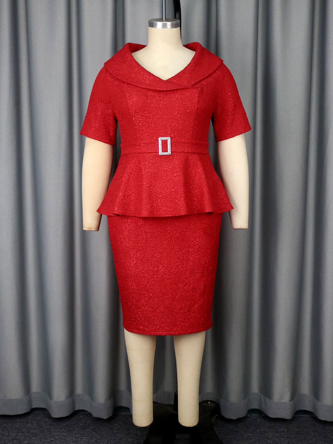 Damen Elegantes Peplum-Kleid mit schickem Kragen und glitzerndem Gürteldetail Drune