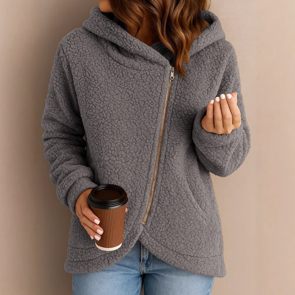 Damen Flauschige Kapuzenjacke mit asymmetrischem Reißverschluss Drune