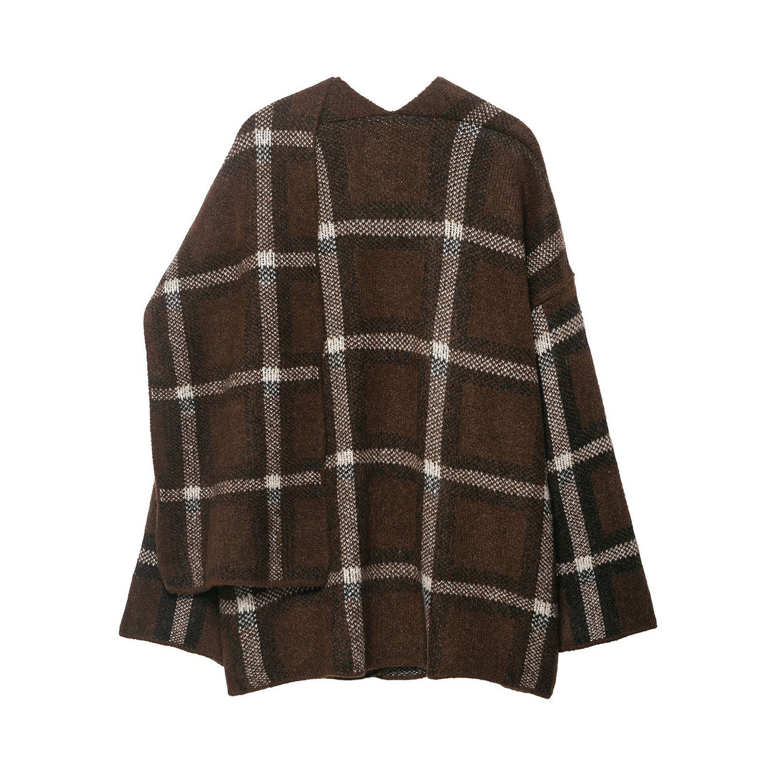 Damen Oversize Cape-Cardigan mit Kapuze, aufgesetzten Taschen und Karomuster Drune