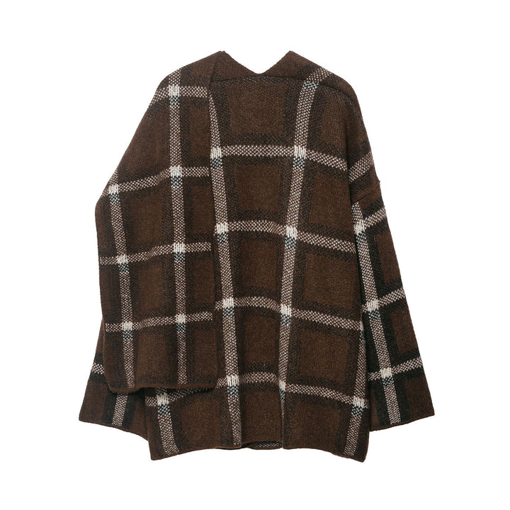 Damen Oversize Cape-Cardigan mit Kapuze, aufgesetzten Taschen und Karomuster Drune