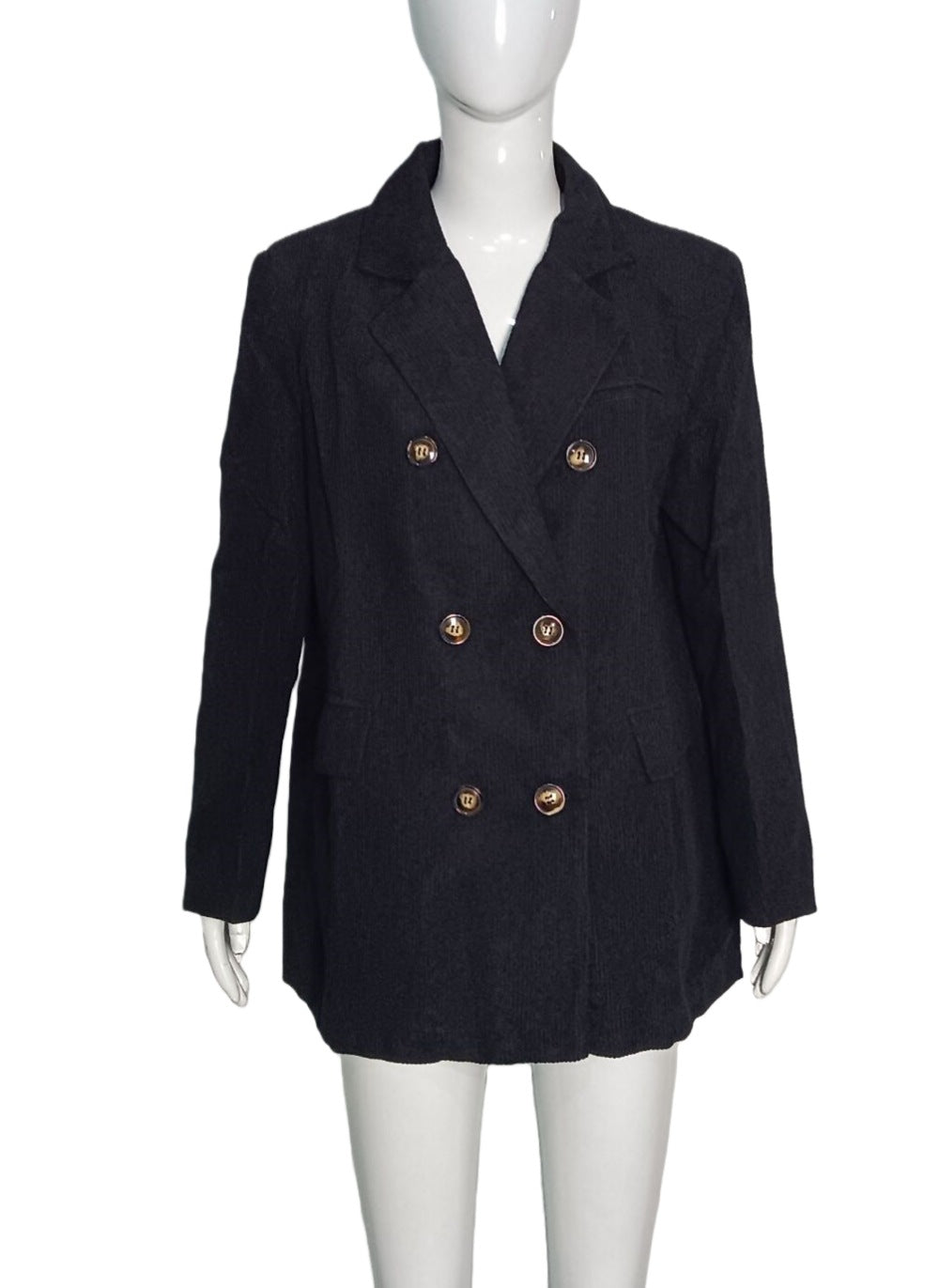 Damen Langer Cord-Blazer im Doppelreiher mit Reverskragen und Pattentaschen Drune