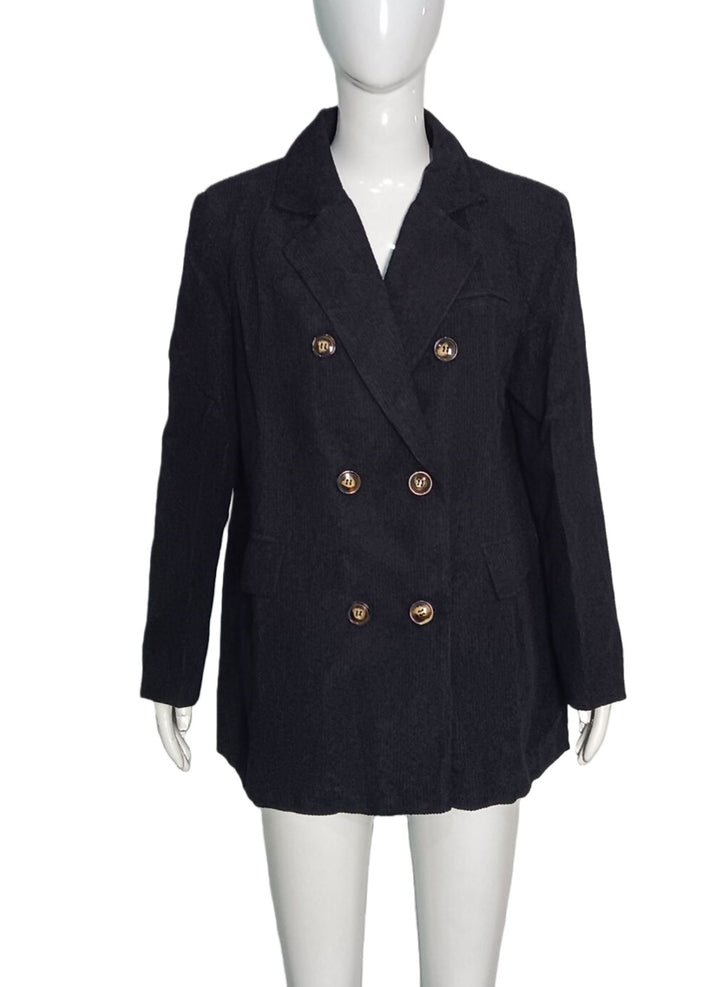 Damen Langer Cord-Blazer im Doppelreiher mit Reverskragen und Pattentaschen Drune